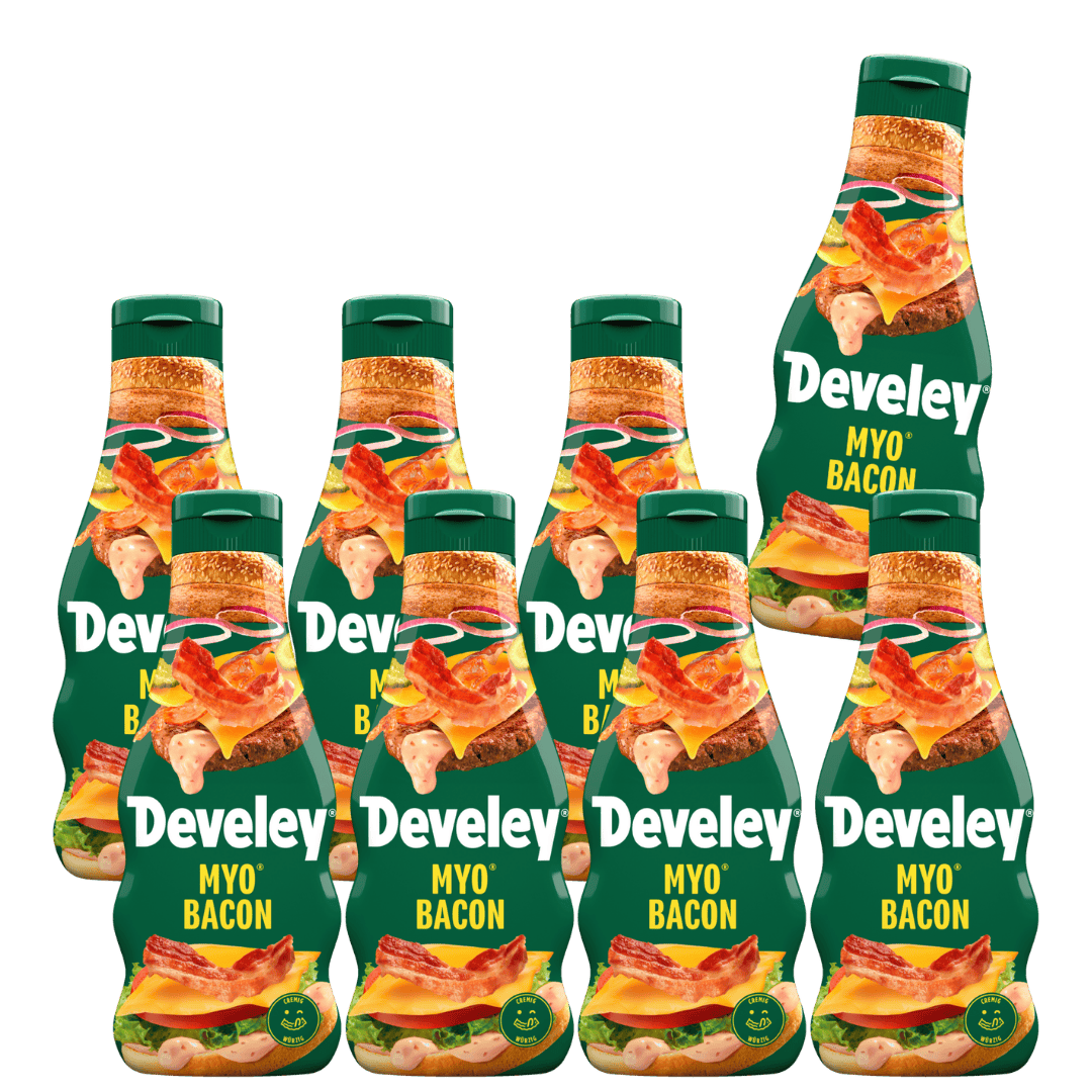 Die Produktabbilung der MYO® Bacon von Develey in der 235 ml Flasche im 8er Set
