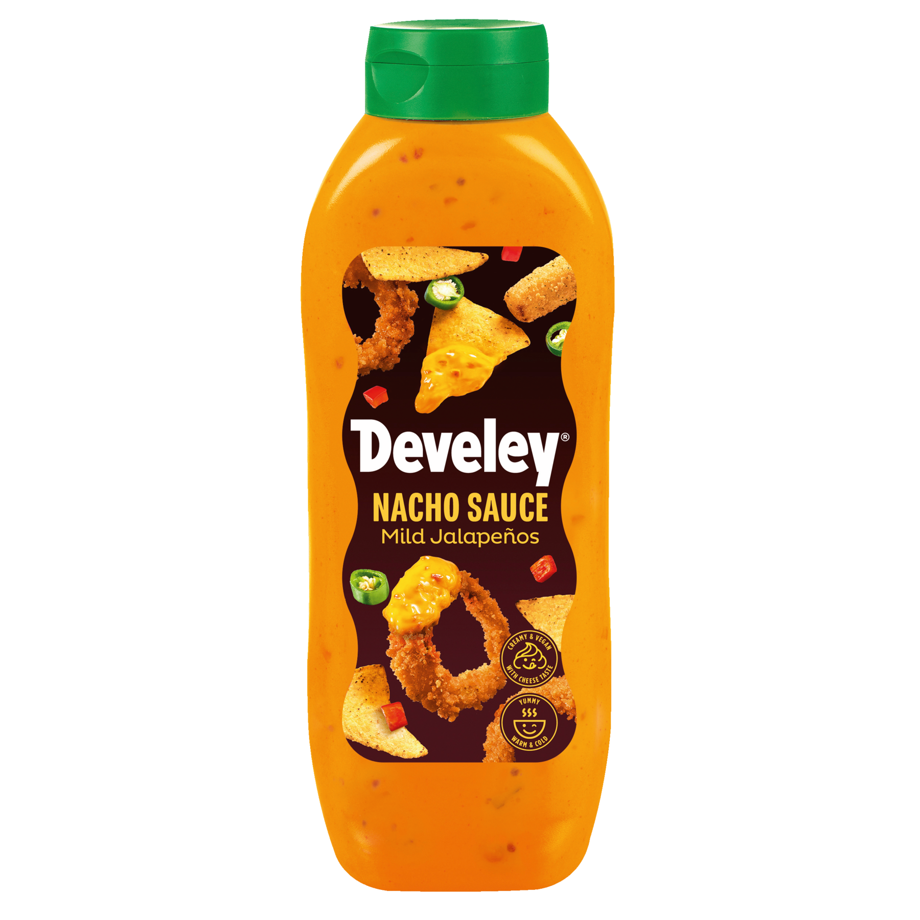 Die Produktabbildung der veganen Nacho Sauce mit Paprika- und Jalapenostückchen von Develey in der 875 ml Großverpackung