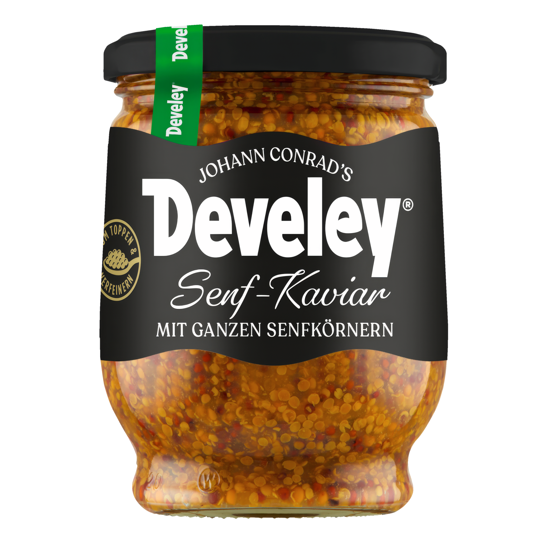 Die Produktabbildungen des Senf-Kaviars mit ganzen Senfkörnern von Develey