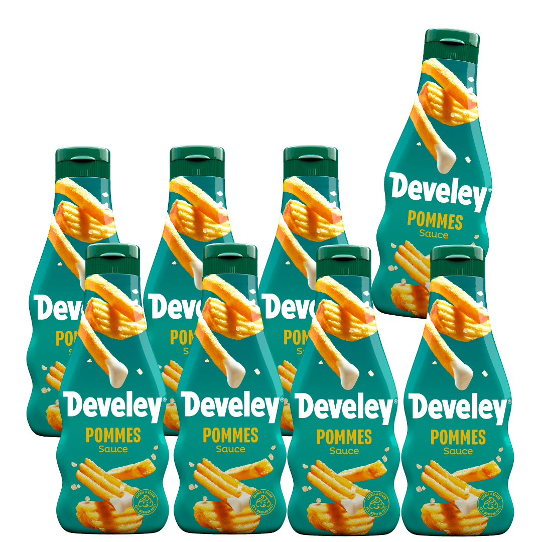 Die Pommes Sauce im 8er-Set von Develey ist vegan und passt perfekt zu Pommes, Grillgemüse und Ofenkartoffel