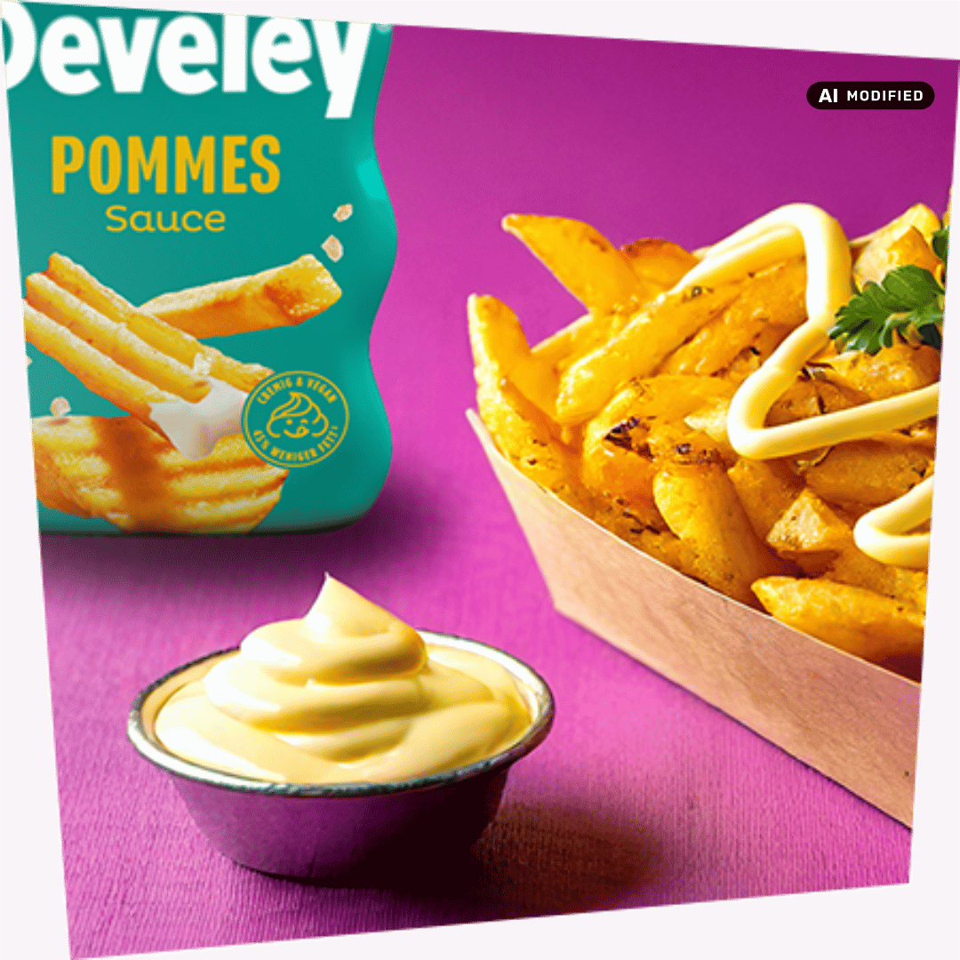 Eine Portion knackiger Pommes serviert mit einem Dipcup mit der Pommes Sauce von Develey