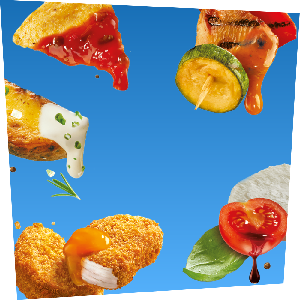 Develey Rezeptbild mit Wedges, Salat, Nuggets und Spießchen