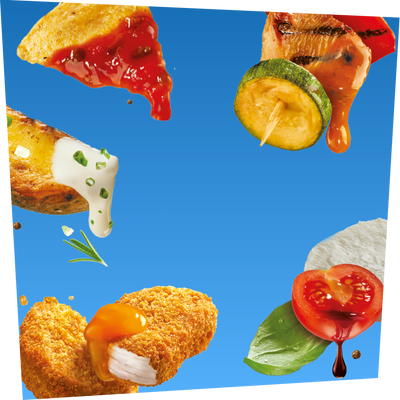 Develey Rezeptbild mit Wedges, Salat, Nuggets und Spießchen