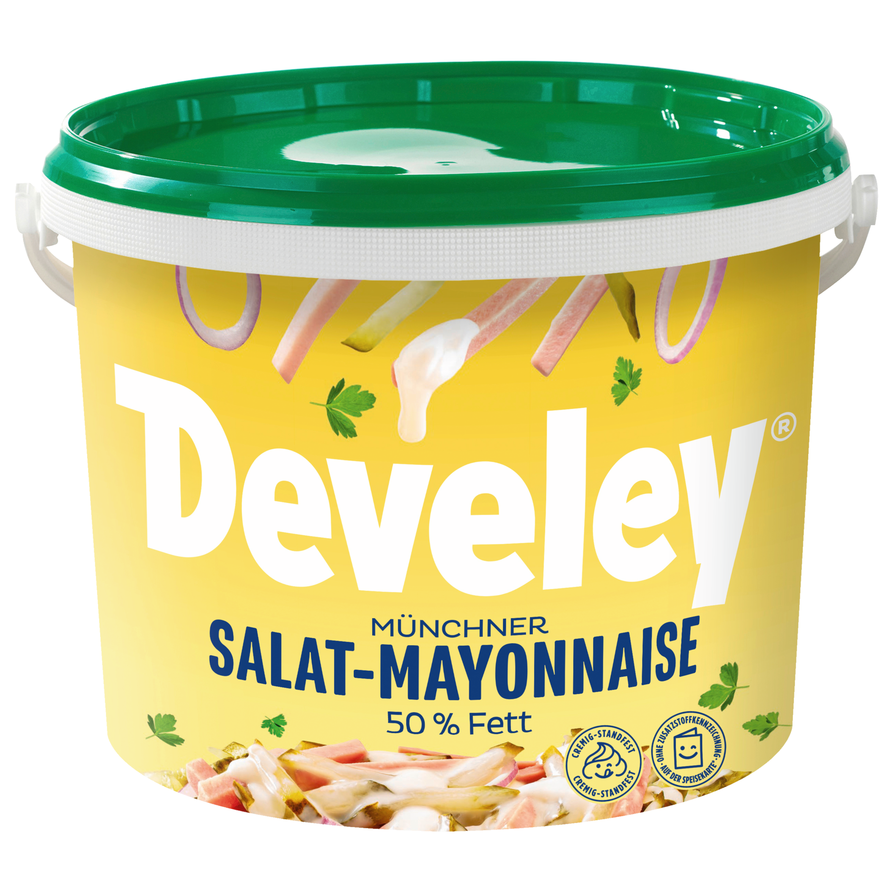 Die Produktabbildung der Salat-Mayonnaise mit 50% Fett von Develey im 10 kg Eimer für die Gastronomie