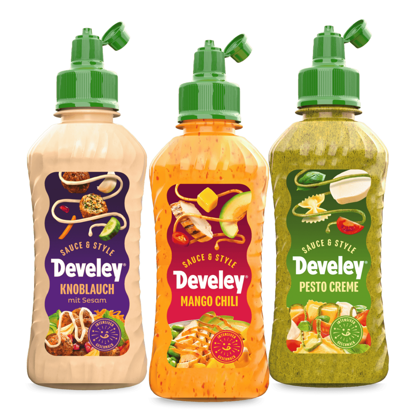 Die Produktabbildung der Knoblauch Sesam Sauce, der Mango Chili Sauce und der Pesto Creme Sauce im 3er Bundle