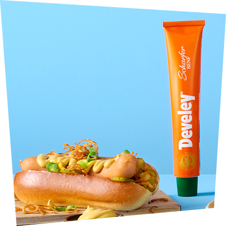 Develey scharfer Senf in der Tube 100 ml mit Hot Dog