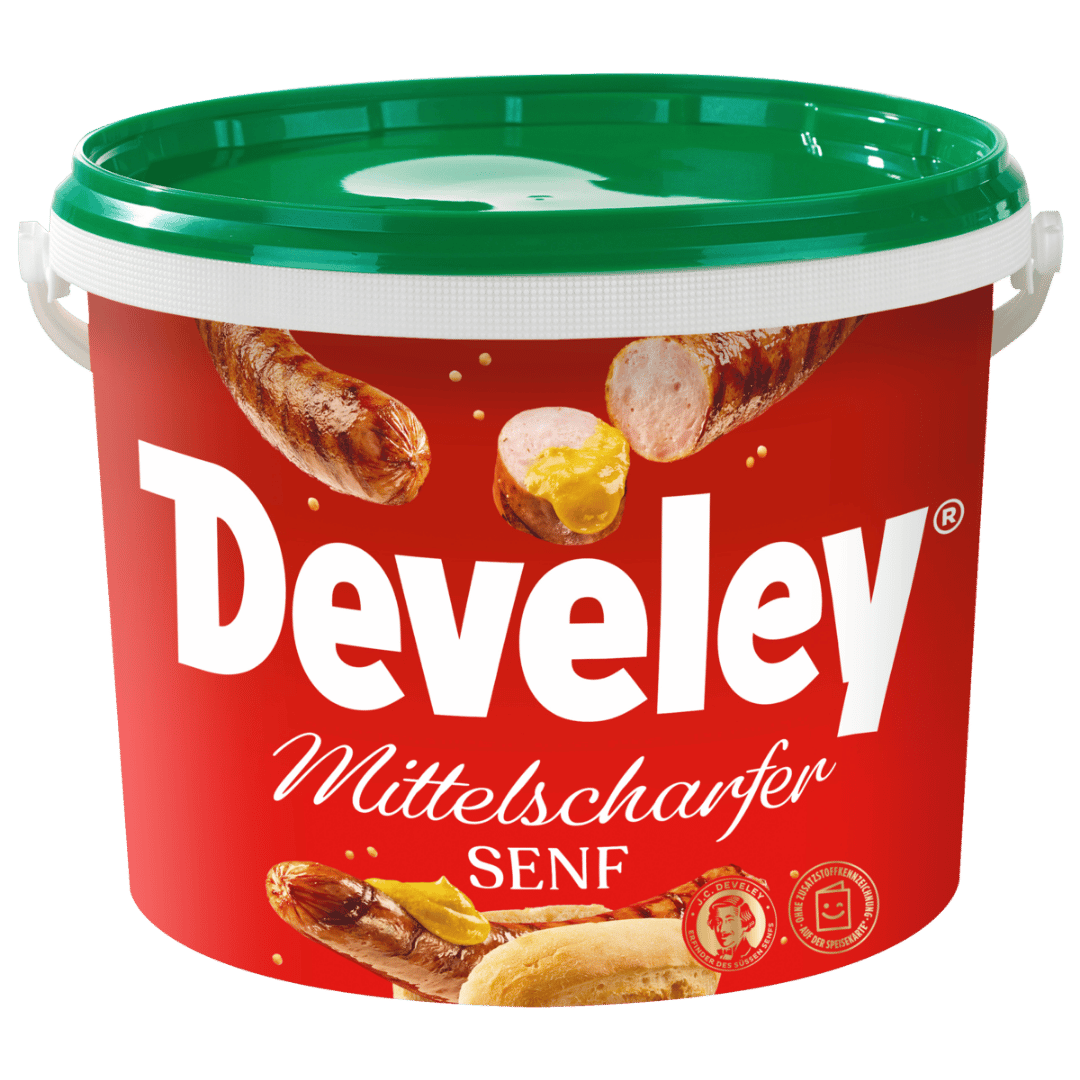 Der mittelscharfe Senf von Develey im 10 kg Eimer für die Gastronomie oder für Großverbraucher