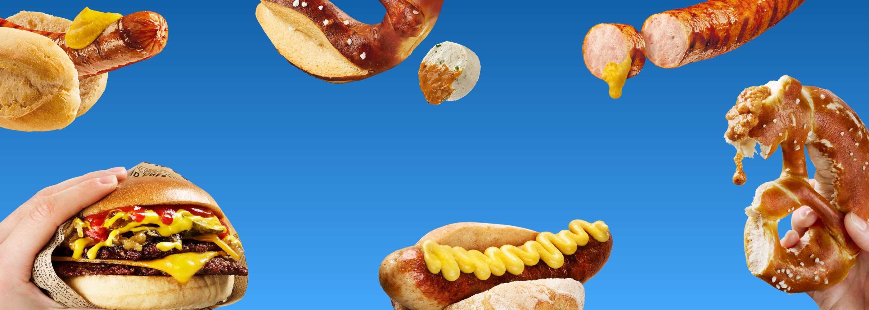 Develey Senf Squeeze Banner mit Bratwurst und Mittelscharfem Senf, Brezen und Weißwurst mit süßem Senf und Smash Burger mit American Yellow Mustard