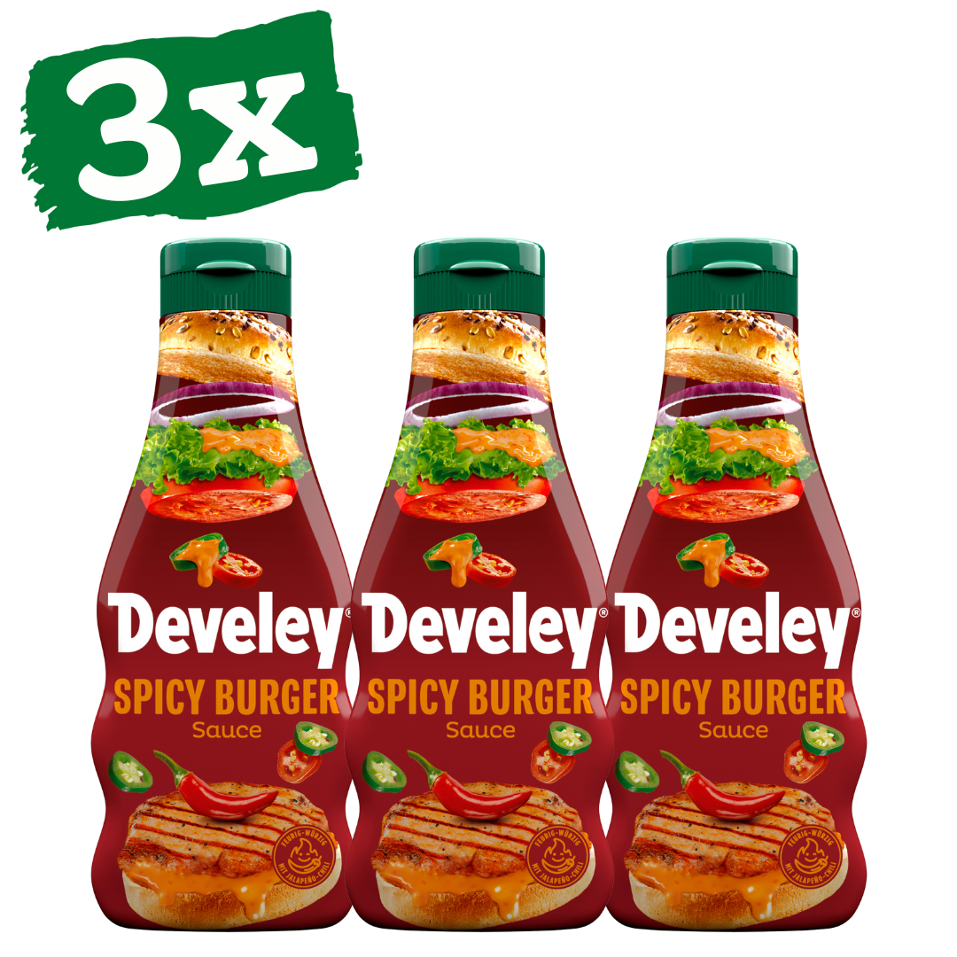 Die Spicy Burger Sauce von Develey ist scharf würzig und passt perfekt zu Burger, Grillgemüse und Steak, Squeeze, 250ml, Grillsauce, vegetarisch