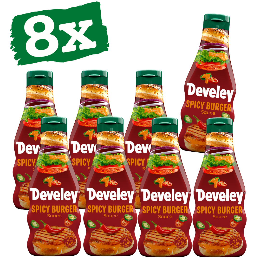 Die Spicy Burger Sauce von Develey ist scharf würzig und passt perfekt zu Burger, Grillgemüse und Steak, Squeeze, 250ml, Grillsauce, vegetarisch