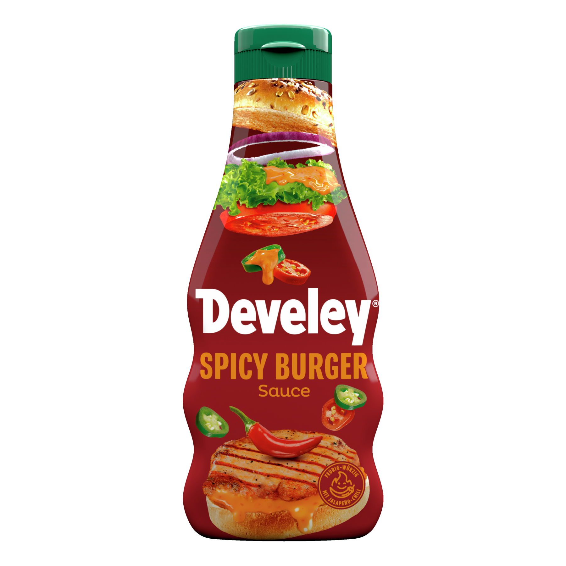 Die Spicy Burger Sauce von Develey ist scharf würzig und passt perfekt zu Burger, Grillgemüse und Steak, Squeeze, 250ml, Grillsauce, vegetarisch