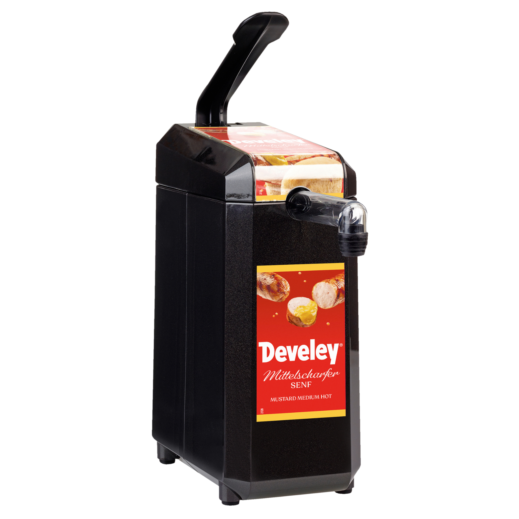 Dispenser mit Etikett "Develey Mittelscharfer Senf" für 2,5 kg Dispenserbeutel