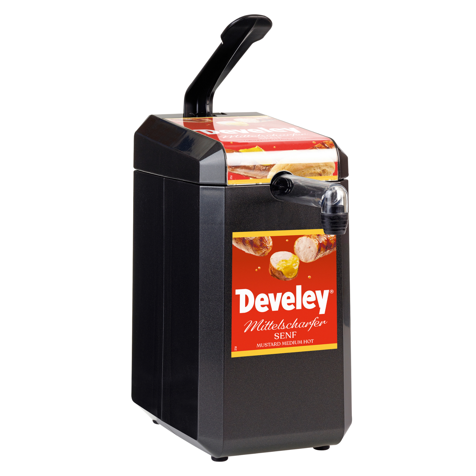 Dispenser mit Etikett "Develey Mittelscharfer Senf" für 5 kg Dispenserbeutel