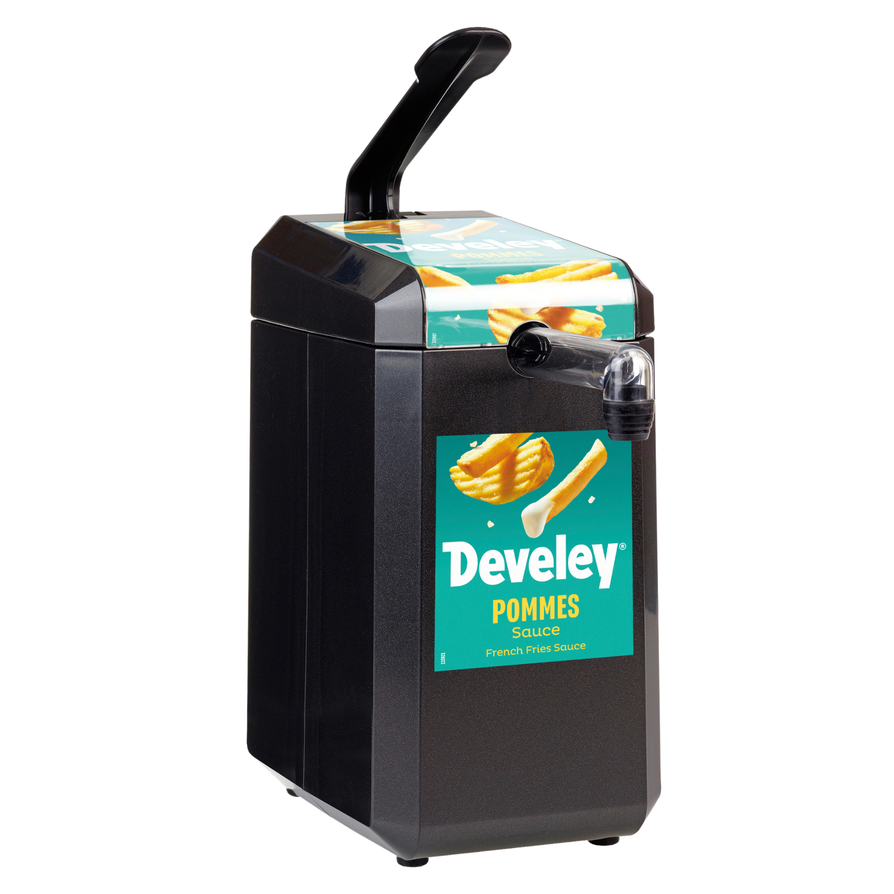 Dispenser mit Etikett "Develey Pommes Sauce" für 5 kg Dispenserbeutel