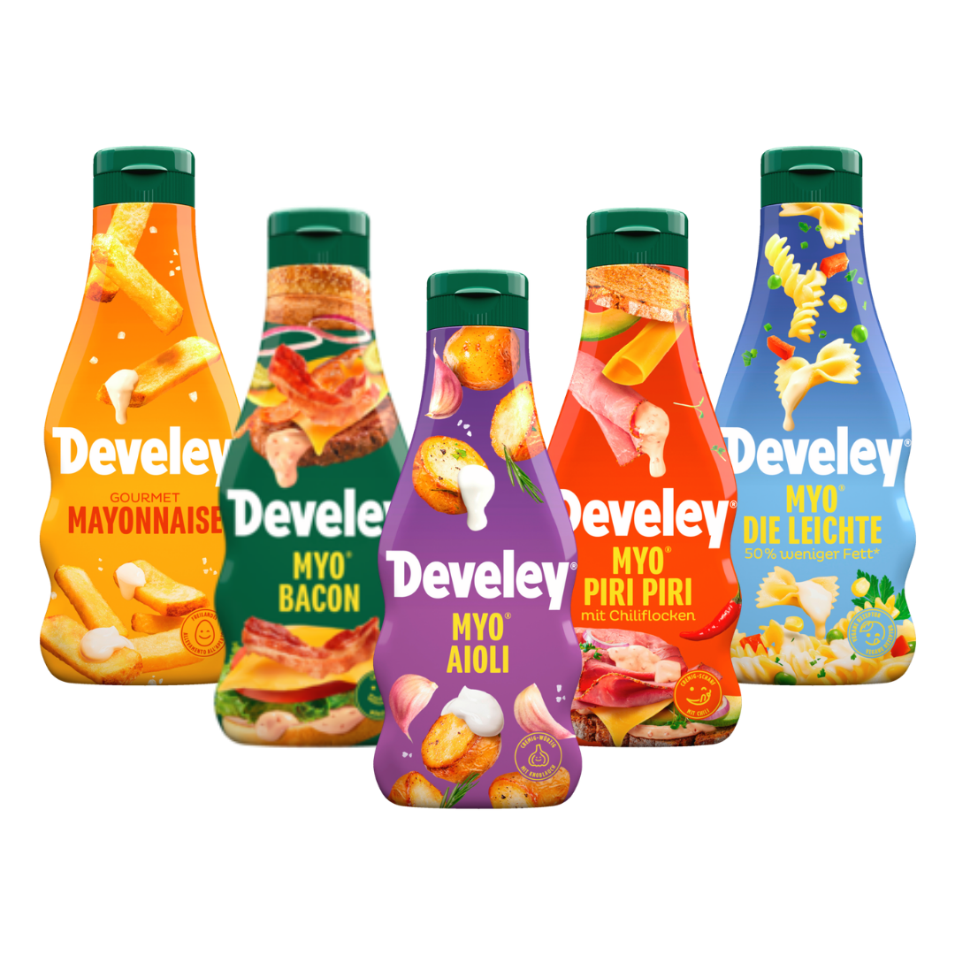 Die Produktabbildungen der Mayo, der MYO® Bacon, der MYO® Piri Piri, der MYO® Aioli und der leichten MYO® von Develey im 5er Set